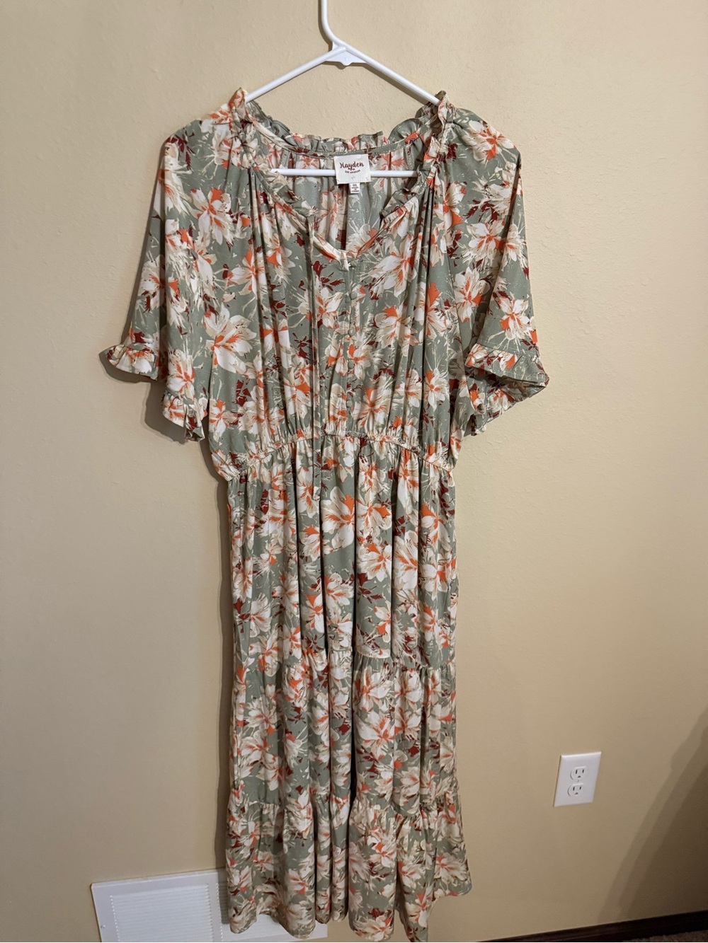Hayden Sage Green Floral Maxi Dress with White & Coral Accents
